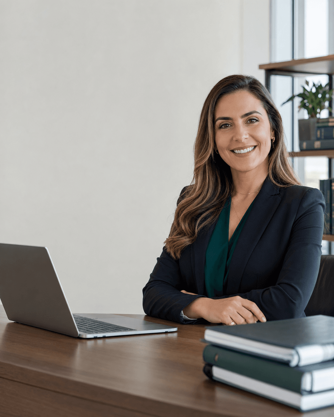 Advogada sorrindo ao lado do computador em seu escritório