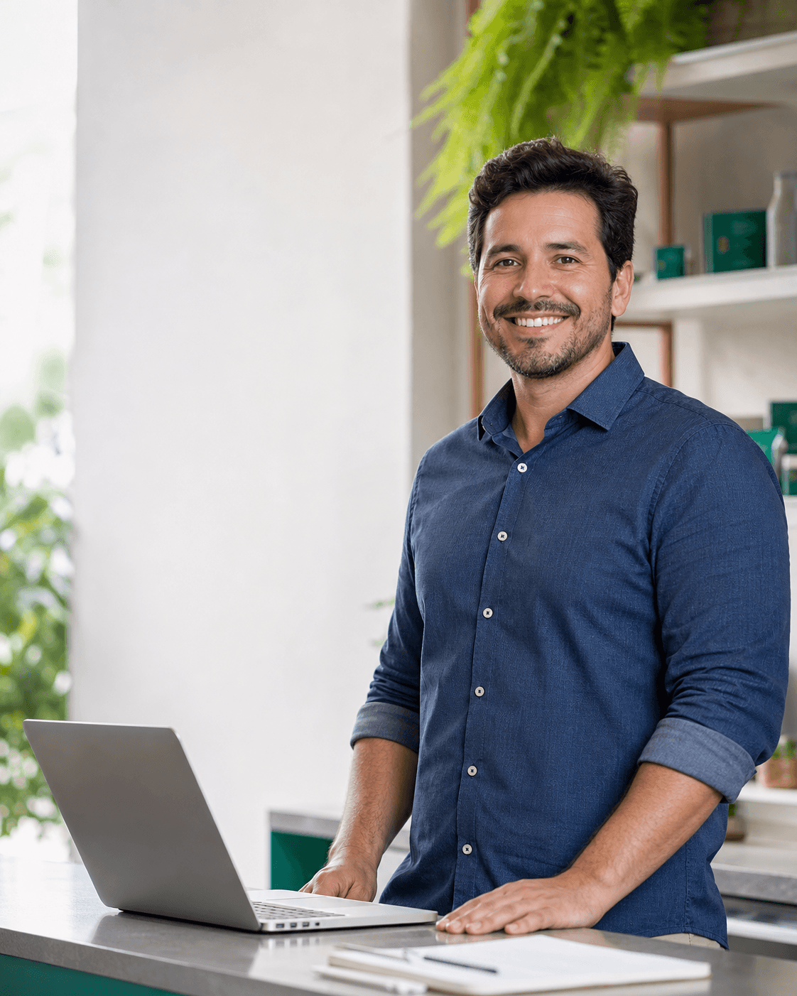 Vendedor sorrindo ao lado do computador em seu negócio