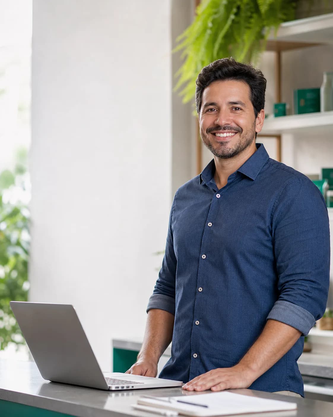Empreendedor usando notebook no próprio negócio