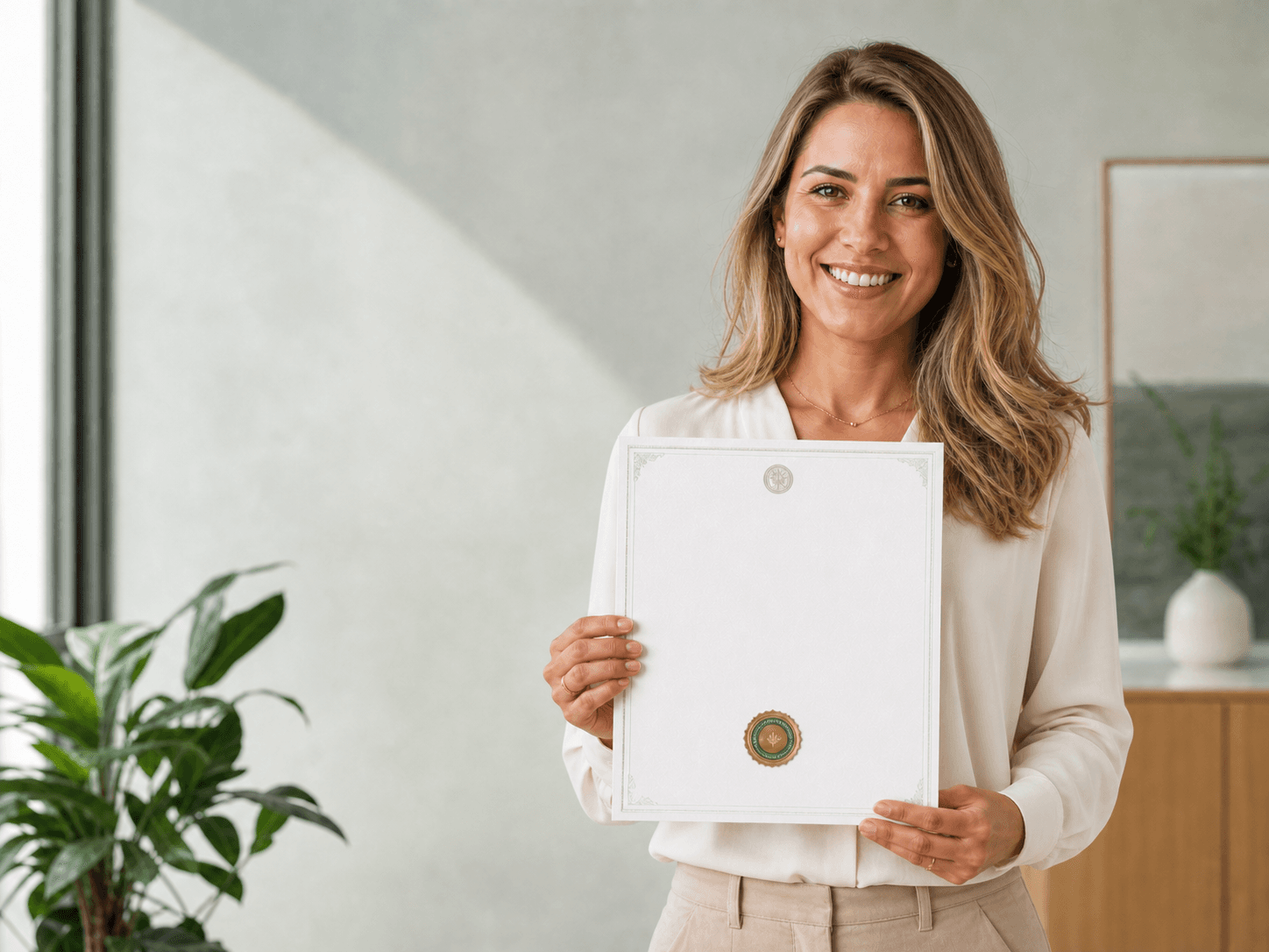Mulher loira sorrindo enquanto segura um documento de certificado digital