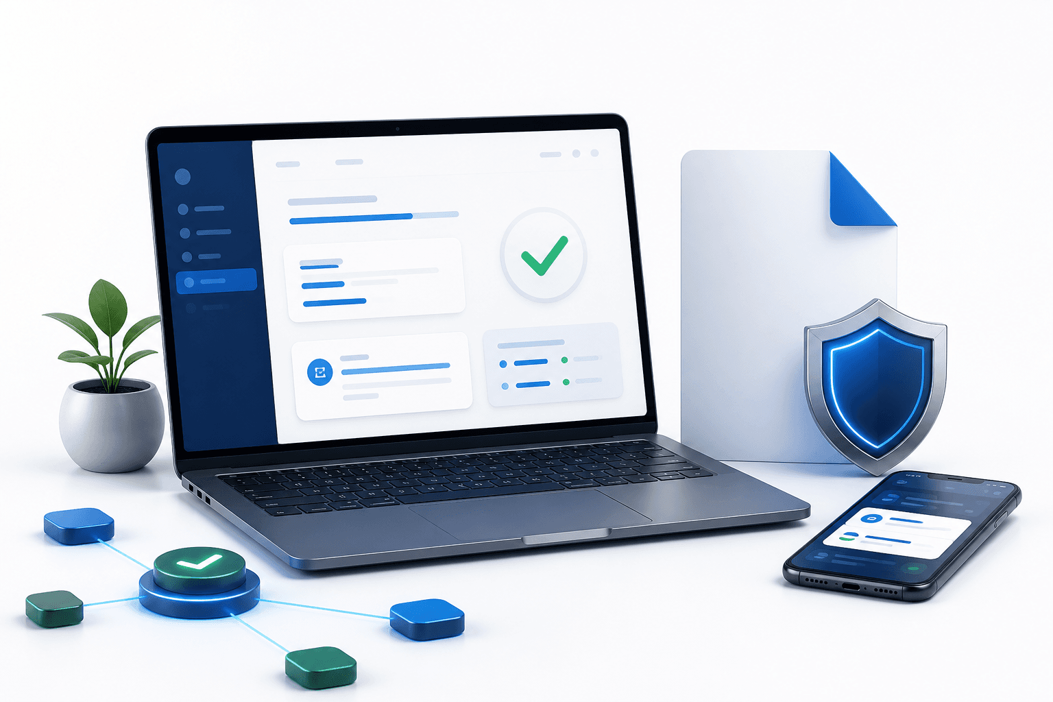Notebook e smartphone exibindo sistemas digitais ao lado de um arquivo e um escudo de segurança